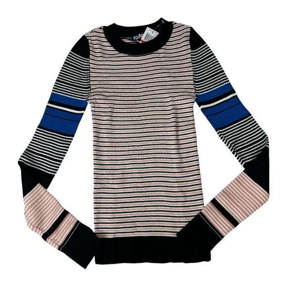 FRESHMAN Juniors' Multi-Striped Ribbed Pullover Sweater Peach Black XS NWT - Picture 6 of 6